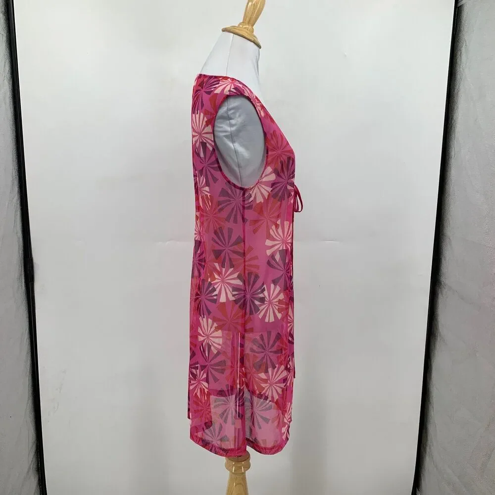 BCBGMaxazria Cover Up Womens M Medium Pink Multi Mesh Sleeveless Beach Tie Front